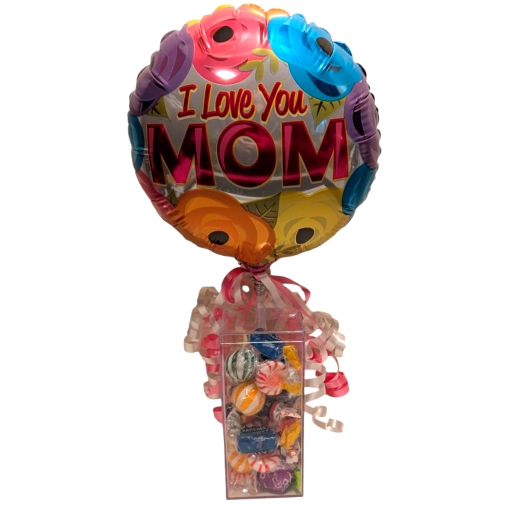 I Love You Mom Small Balloon With Plastic Container Of Assorted Mixed Candy Gift